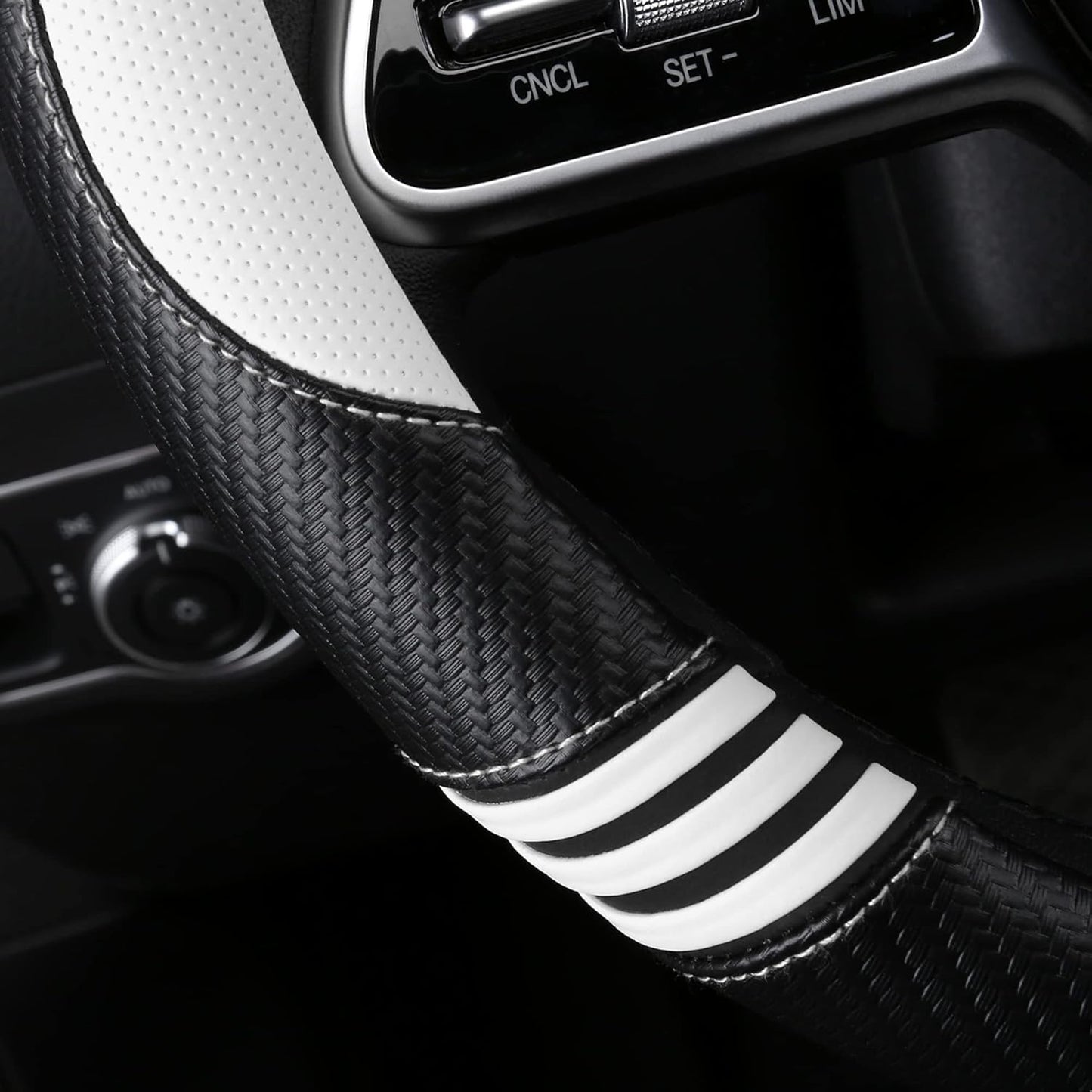Car Steering Wheel Covers for Women Padded Carbon Fiber PU Leather Cute Auto Interior Accessories for Vehicle, Sedan, Universal, Anti Slip, White, Standard Size 14.5-15"(37-38cm)
