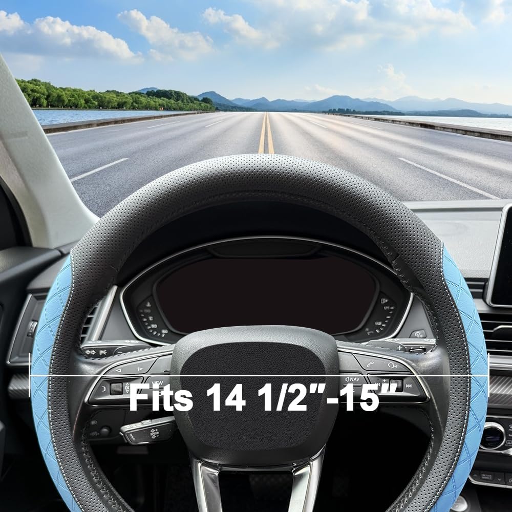 LKWLIKEI Nappa Leather Steering Wheel Cover,Elegant Diamond Checkered Design, Non-Slip wear-Resistant, Enhance Driving Comfort, Suitable for Steering Wheel Diameter 14 1/2‘-15’ Models.Black Blue