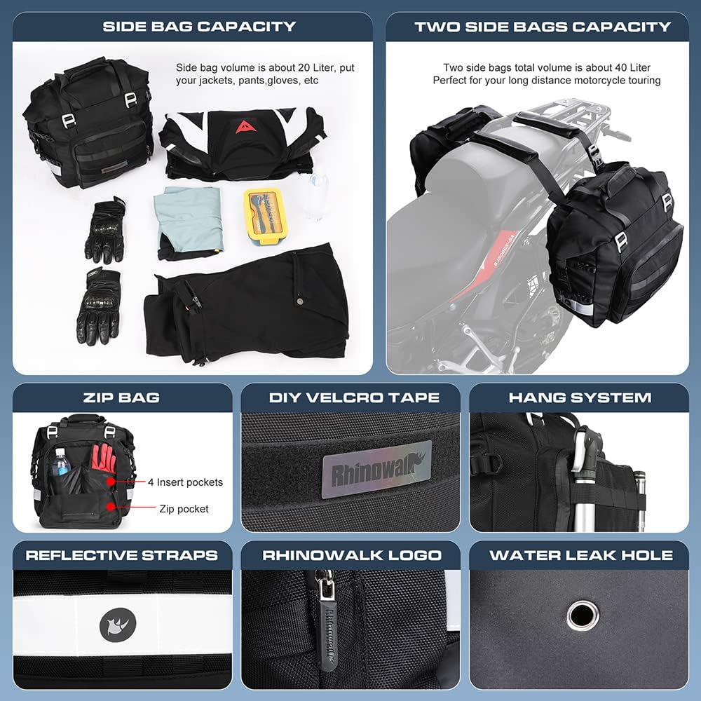 Rhinowalk Motorcycle Saddle Bag Waterproof Motor Pannier Bag Luggage Pack Quick Release Motorbike Side Bag 20L (Black)
