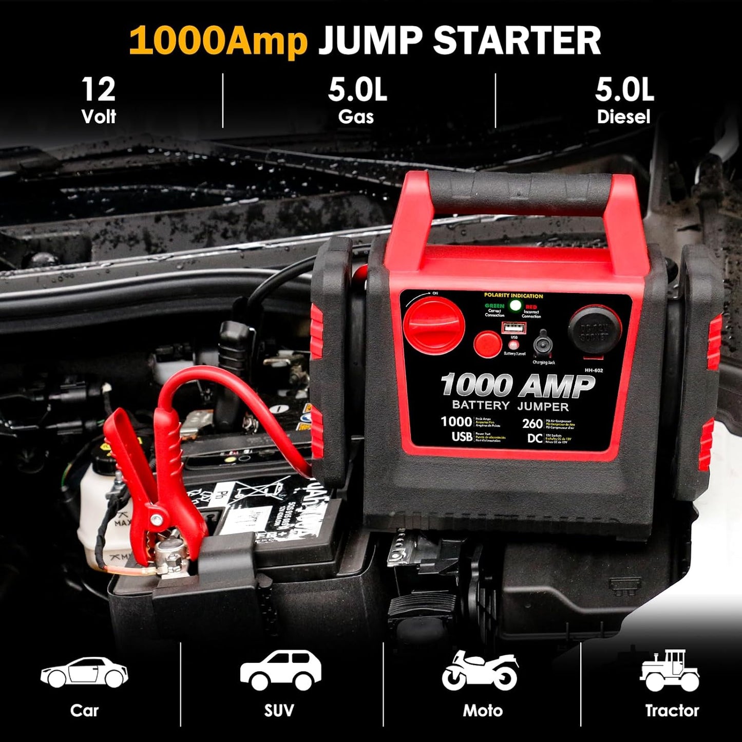 Car Battery Jump Starter-1000Amp 12V Lead-Acid Battery Jump Box with 260PSI Air Compressor, 10000 mAh Portable Power Station, Jump Pack for Vehicles Up to 5L Gas or Diesel