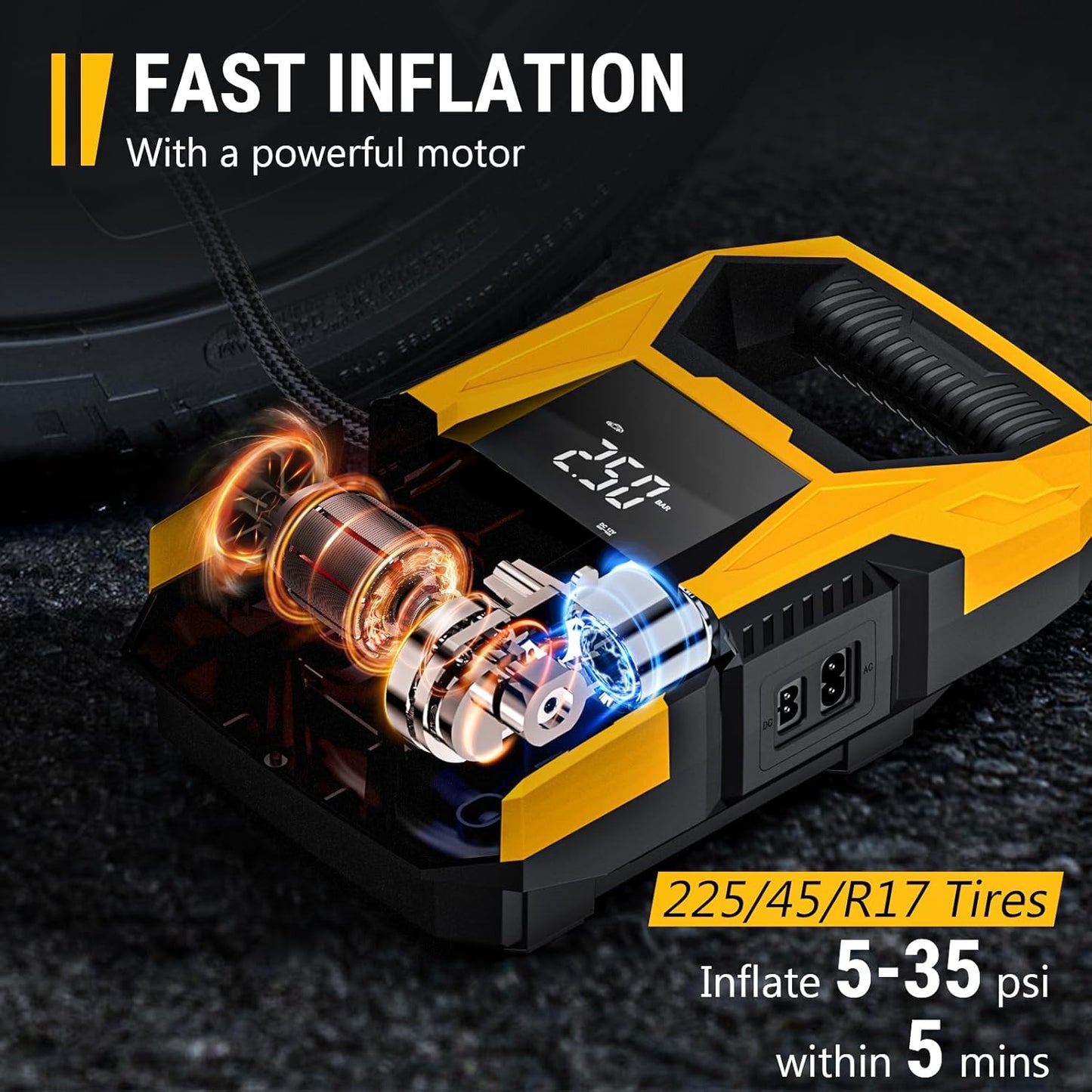 CARSUN AC/DC Tire Inflator Portable Air Compressor, Dual Power for Home 110V AC and Car 12V DC Air Pump with Pressure Gauge, Auto Shutoff, Tire Pump for Car Motorcycle Bicycle and Other Inflatables
