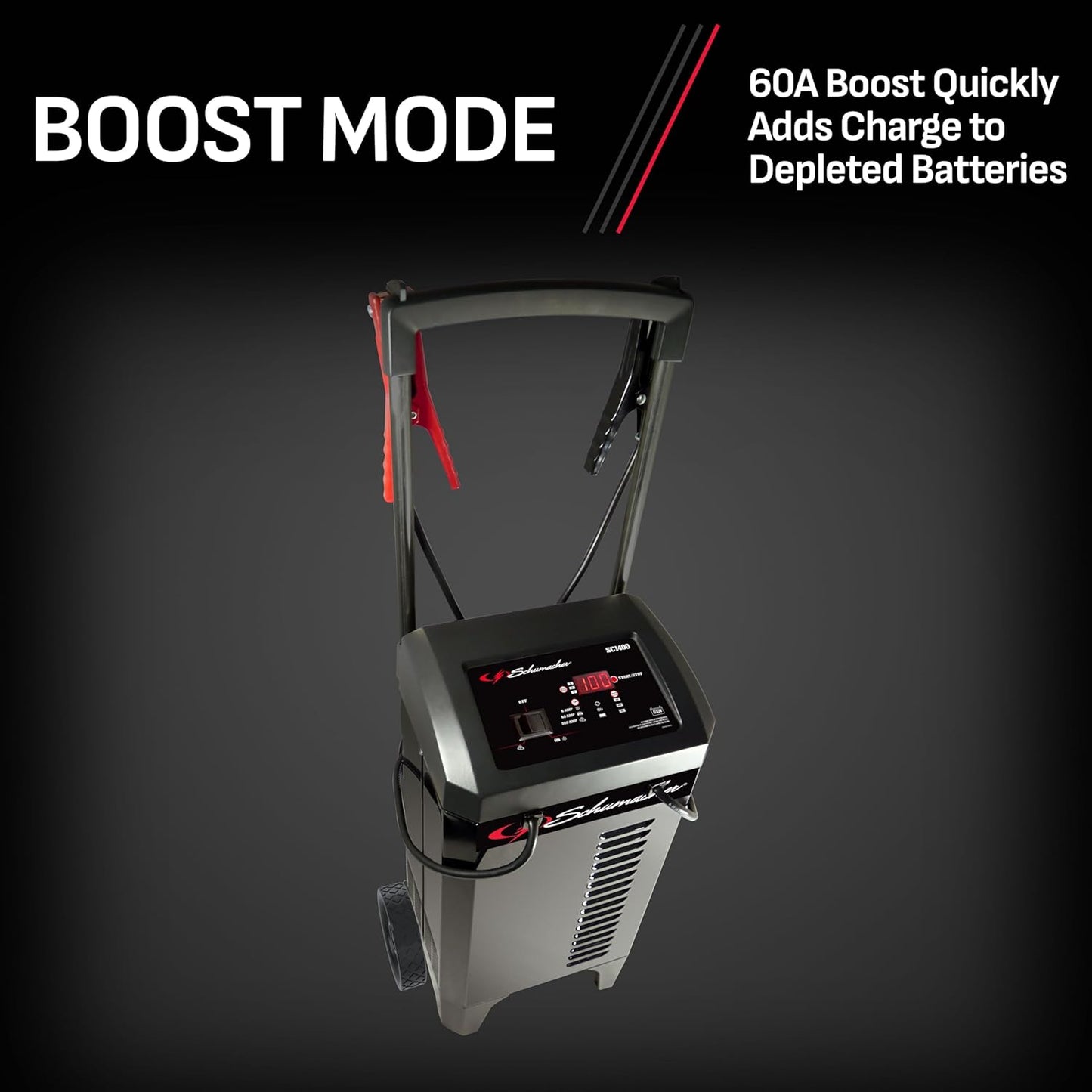 Schumacher Electric Wheeled Battery Charger and Engine Starter, SC1400, 4-in-1, Fully Automatic, 300 Cranking Amps, 60 Amp Boost Mode, 6 Volt, 12 Volt, for Car, Truck, SUV, and Marine Batteries