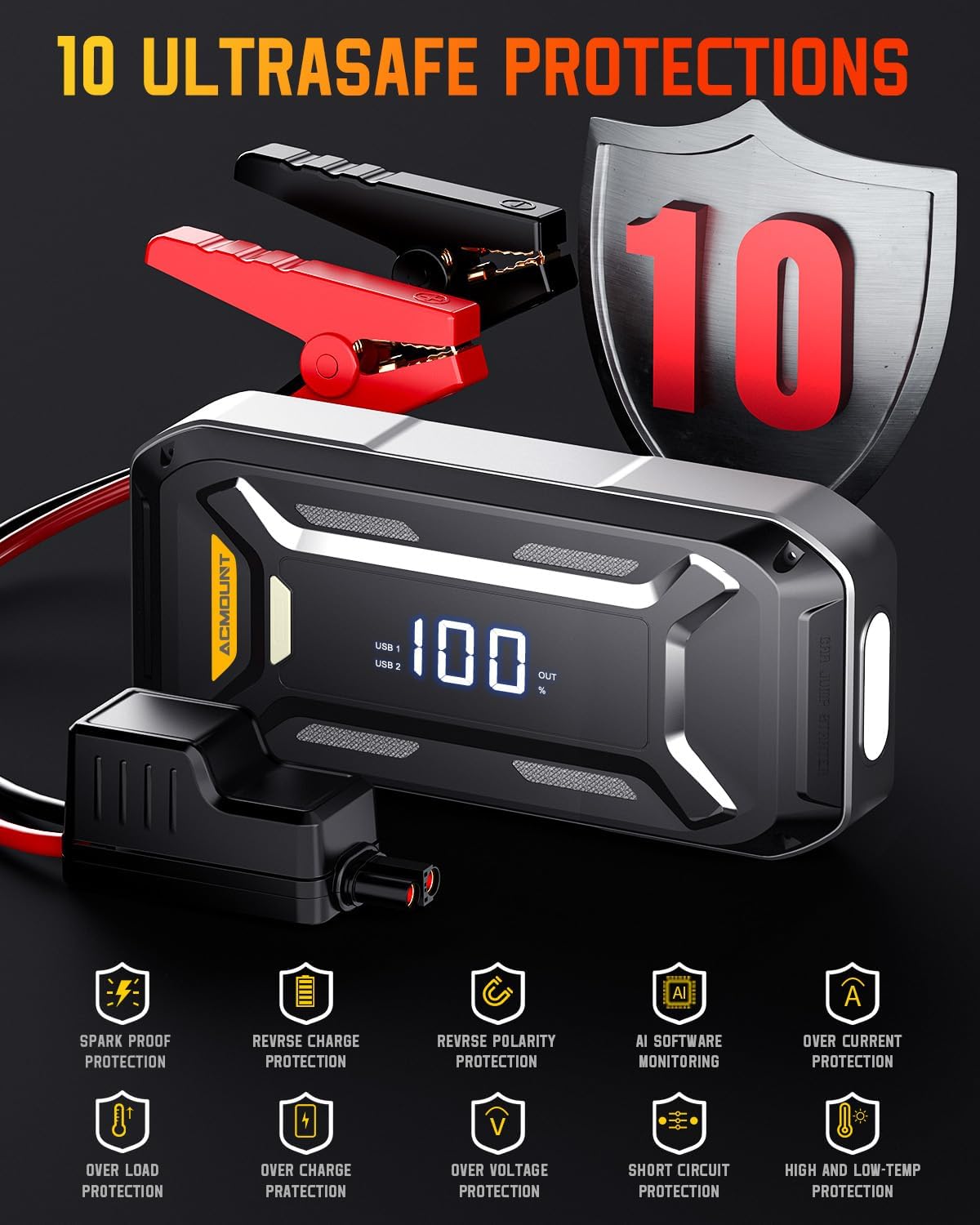 Car Battery Jump Starter Portable, 6000A 12V Car Jumper Starter with Jump Box (All Gas/10.0L Diesel), LCD Display, USB Quick Charge & LED Light, Ultimate Durable Long-Lasting Battery Jump Pack