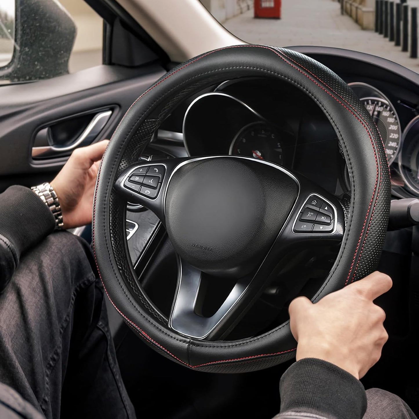 High-Grade Real Cowhide Steering Wheel Cover for Men Women，Black Genuine Leather Steering Wheel Cover for Cars,Universal 14.5-15 inch Steering Wheels