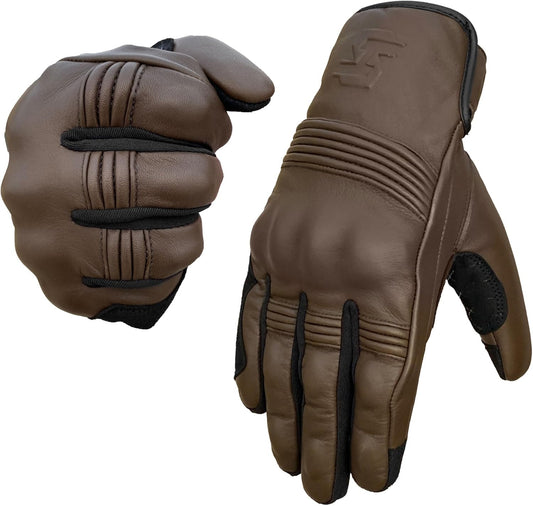 Leather Motorcycle Gloves for Men and Women | Touchscreen | Full Finger | Goatskin Leather Hard Knuckle Motorcycle Riding Gloves (Classic Brown, Small)