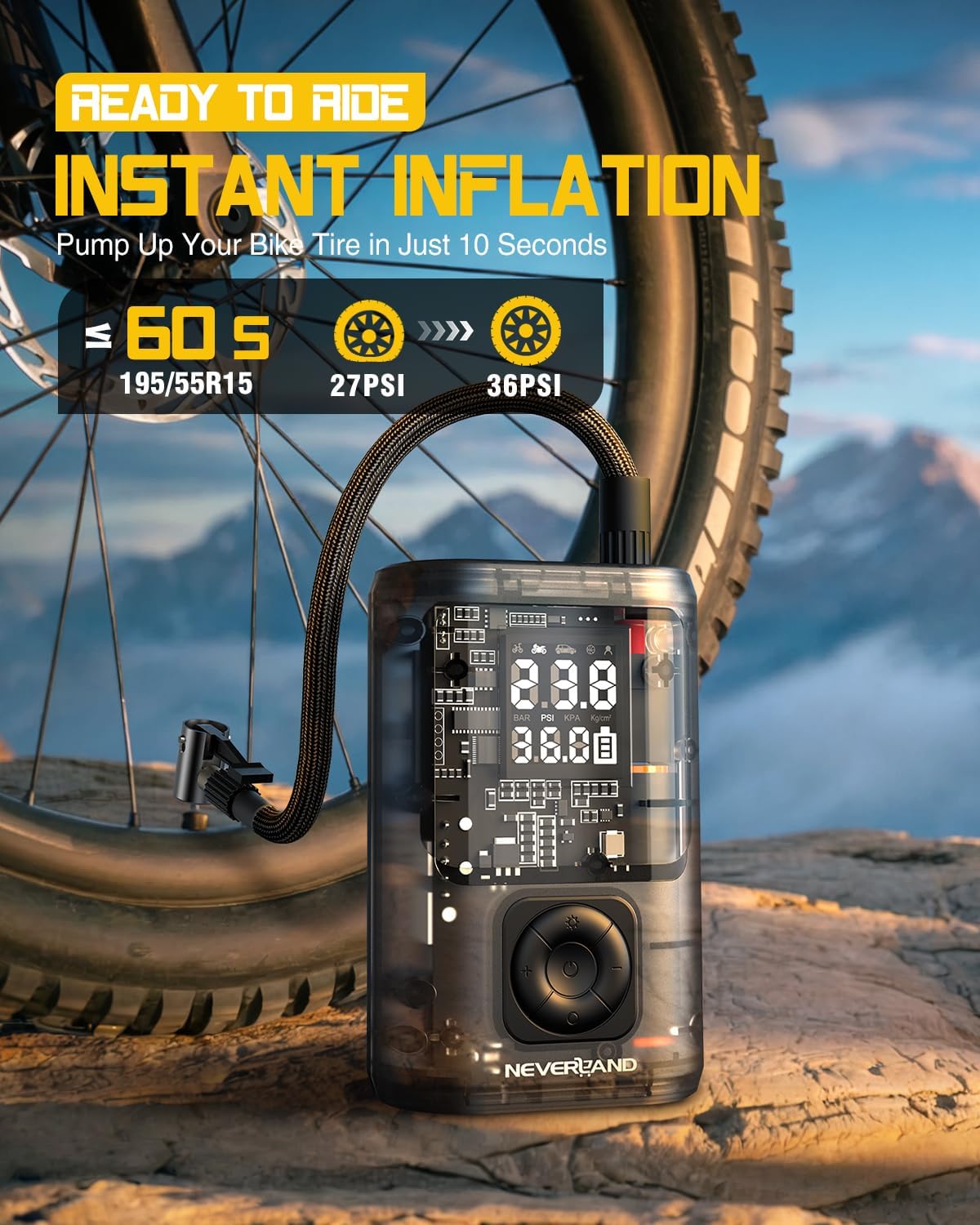 NEVERLAND Tire Inflator Portable Air Compressor - 12000mAh 150PSI Auto Air Pump for Bike Car Tires, Electric Bike Tire Pump with Gauge, Air Compressor Portable for Bike Bicycle Car Motorcycle Ball