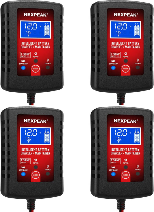 [4-Pack]1.75-Amp Car Battery Charger, 6V and 12V Smart Fully Automatic Battery Charger Maintainer, Trickle Charger, Battery Desulfator for Car, Lawn Mower, Motorcycle, Boat, Marine Lead Acid Batteries