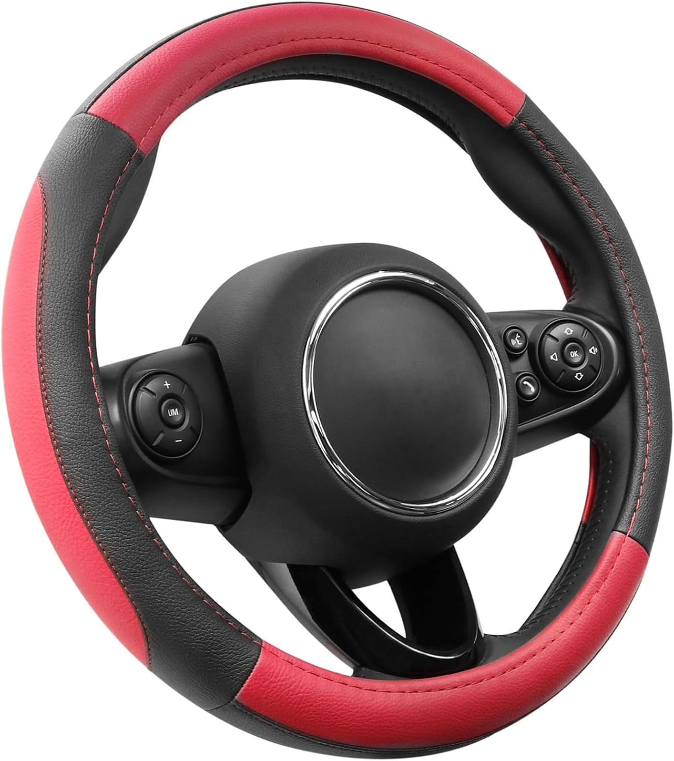 SEG Direct Car Steering Wheel Cover for Prius Civic Model 3 Model Y Camaro, Small Size 14-14.25 inch, Black and Red Microfiber Leather