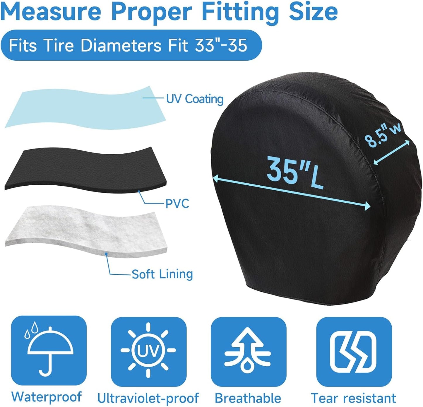 RV Tire Covers 4 Pack, Tough Waterproof Wheel Protector for Camper, Truck, Motohome, SUV, Car, Boat Trailer, Universal Fits Tire Diameters 36-39 inches, Black