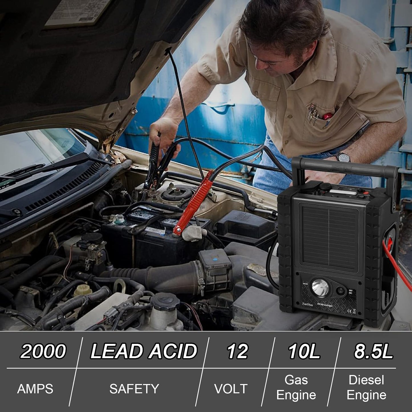 2000A Peak Car Battery Jump Starter with Air Compressor Tire Inflator, All in One Heavy Duty 12V Battery Jumper Box Car Start Booster Up to 10L Gas/8L Diesel Engines with 400W AC Inverter, LED Light