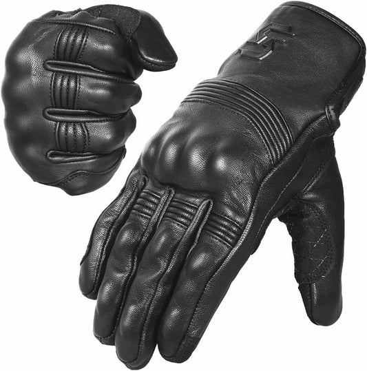 Leather Motorcycle Gloves for Men and Women | Touchscreen | Full Finger | Goatskin Leather Hard Knuckle Motorcycle Riding Gloves (Un-Perforated, X-Large)