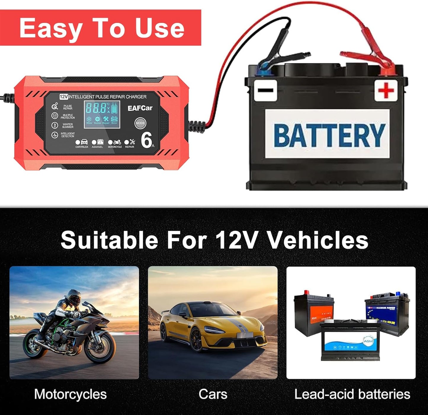 6-Amp Battery Charger, 12V Trickle Charger Car Battery Charger, Smart Automatic Lead Acid Charging with Temperature Compensation for Car Truck Lawn Mower Boat Marine(6A)