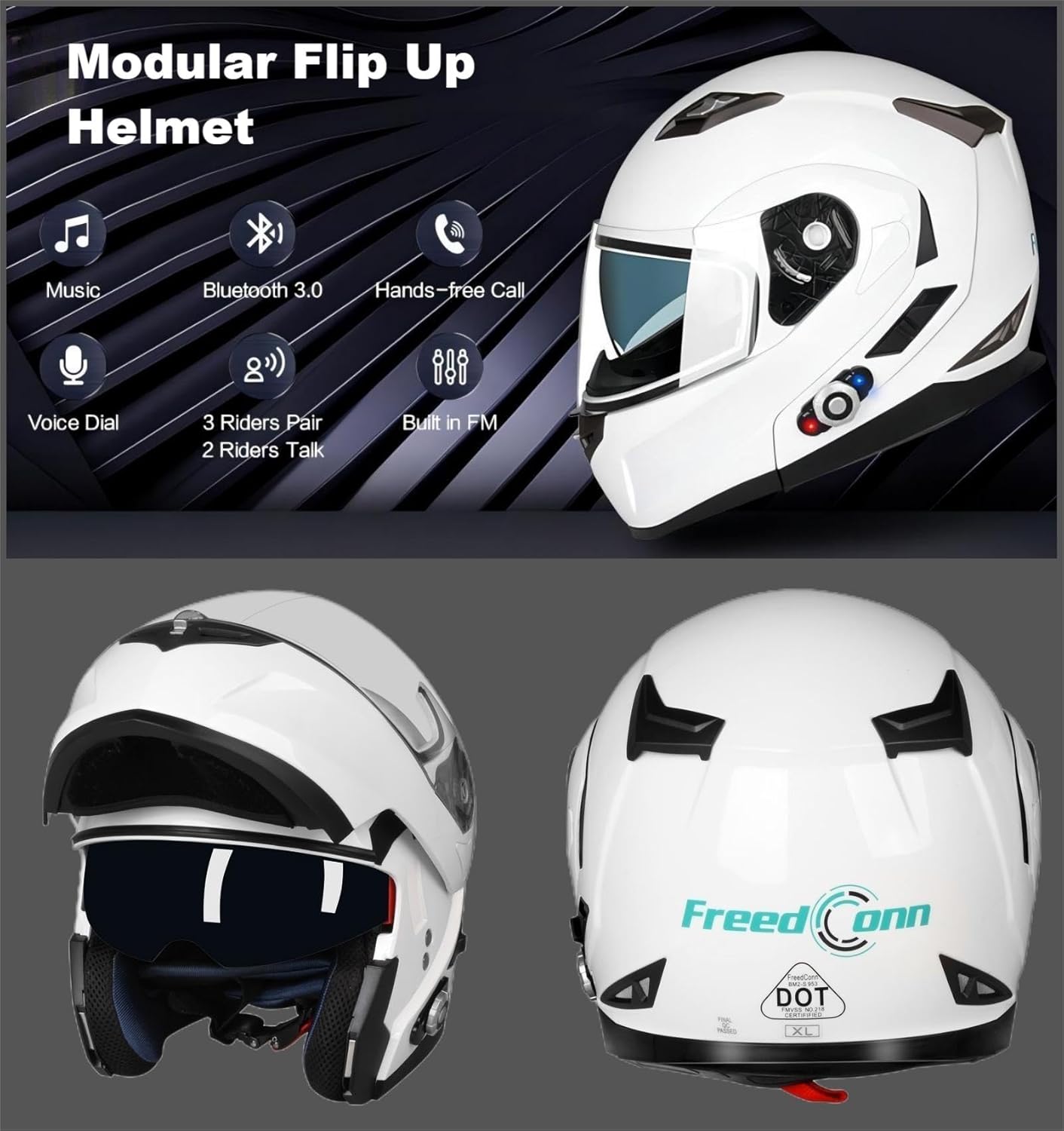 FreedConn BM2-S Bluetooth Motorcycle Helmet, Flip-Up Modular Motorbike Helmet, 500M Connectivity for 2-3 Riders, Voice Dial, Hands-Free Call, MP3, FM, DOT Certified (Medium, White)