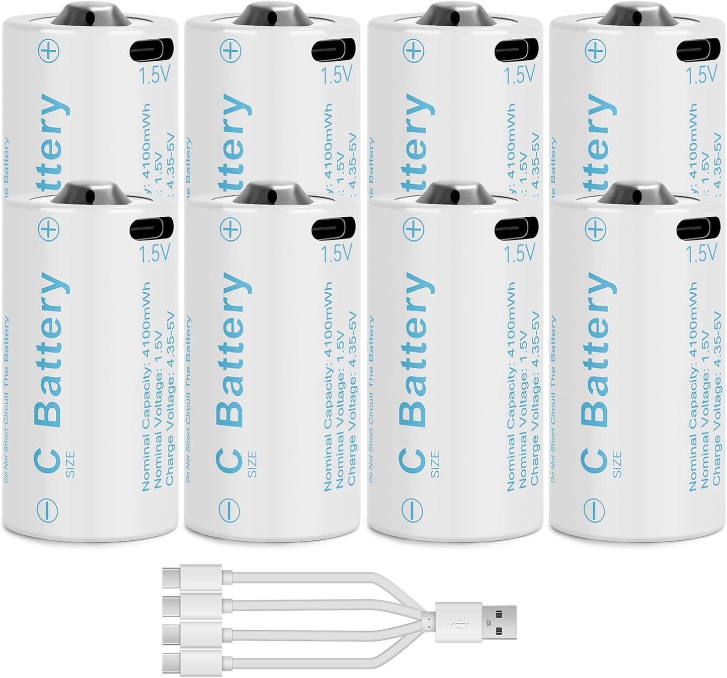 Rechargeable Lithium C Battery 8 Pack, Batteries c Size，Long Lasting1.5V C Batteries Rechargeable with 4 in 1 USB-C Charge Cable for Television Remote, Flashlights