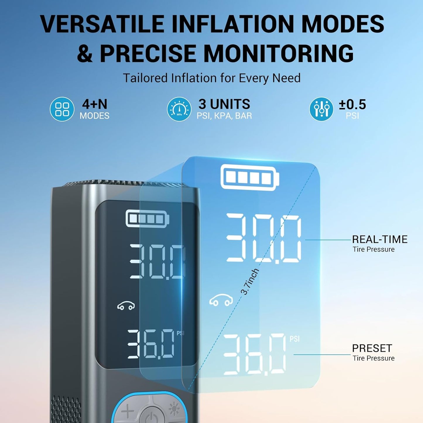 AVAPOW AP18 Tire Inflator Portable Air Compressor, 300% Faster 150 PSI Cordless Air Pump with Tire Pressure Gauge, 3.7″ Dual LCD Screen, Auto-Shuts Off Tire Pump for Car, Motorcycle, Bicycle, Blue