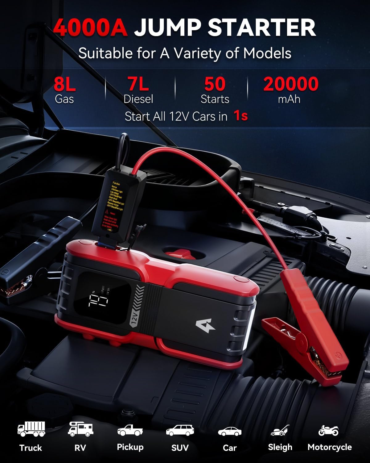 Car Jump Starter 4000A Peak 20000mAh (Start 8L Gas Engine or up to 7L Diesel Engine) Battery Charger Automotive, 12V Car Jumper, Power Bank Power Pack with Quick Charge Type-C Ports, Ep-166