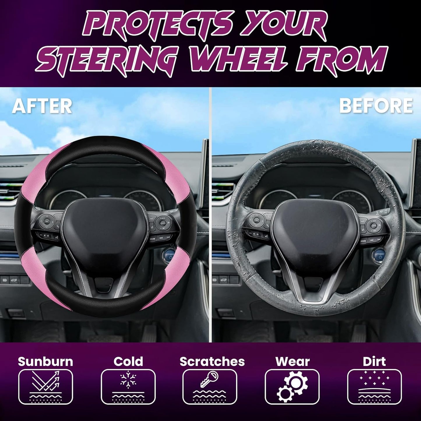 Soft Leather Steering Wheel Cover with Breathable Design and Anti-Slip Grip, Fully Compatible with Tesla, Toyota, Honda, Nissan 14.2-14.96 inch Round Steering Wheel（Sedans and SUVs）