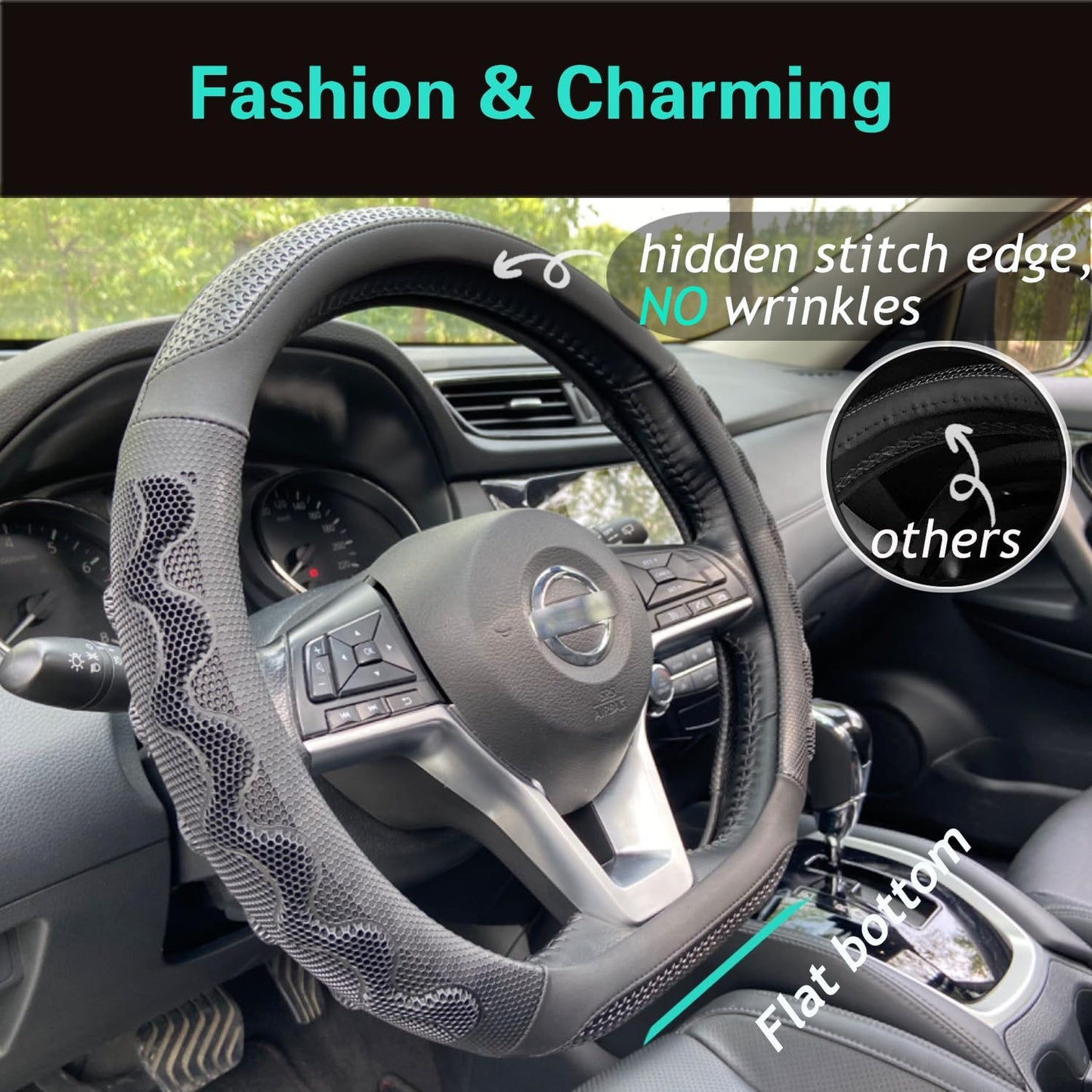 PINCTROT D Shaped 14 Inch Small Sized Steering Wheel Cover Great Grip with 3D Honeycomb Anti-Slip Design, Flat Bottom 14 Inch (All Black)