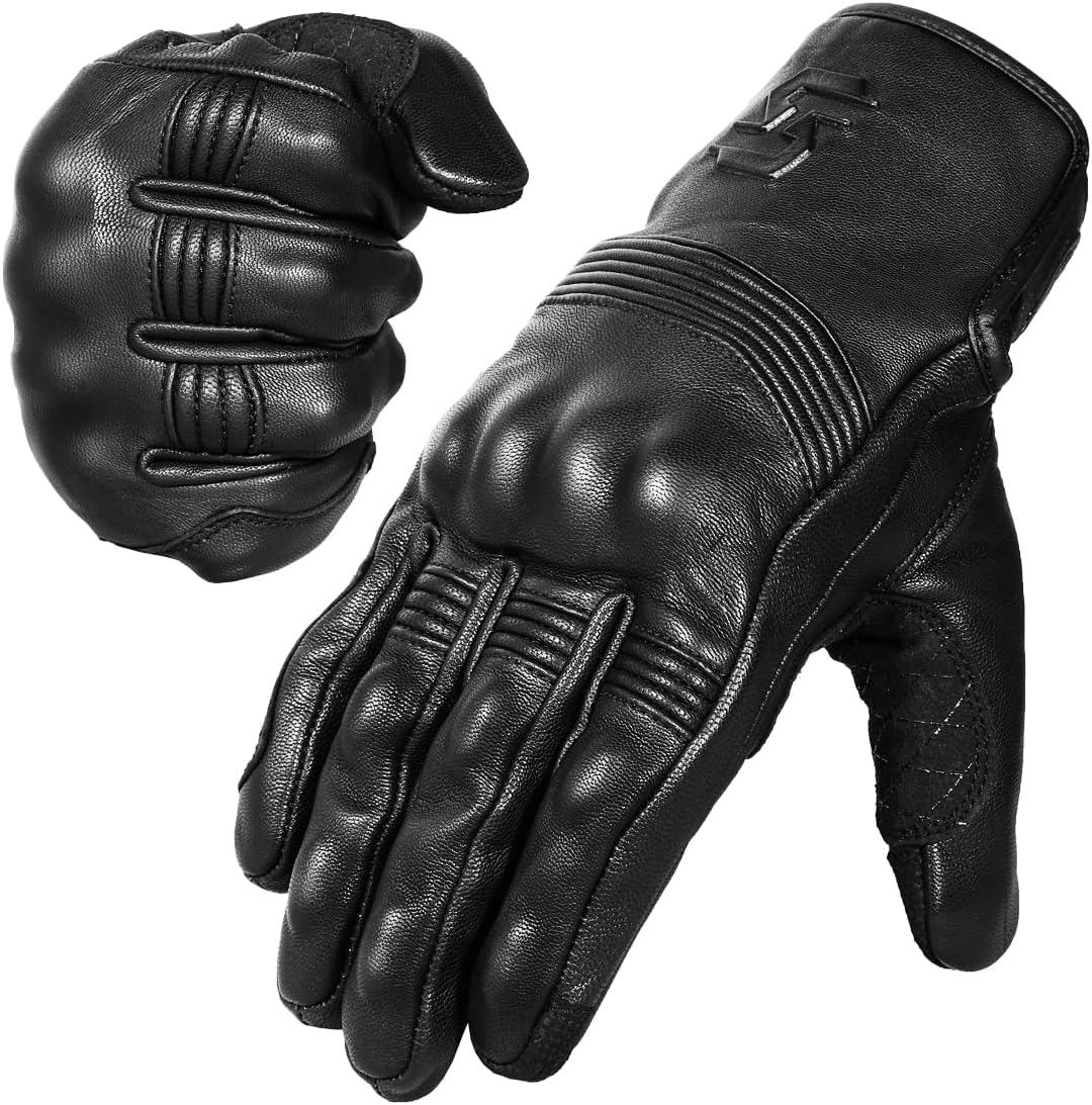 Leather Motorcycle Gloves for Men and Women | Touchscreen | Full Finger | Goatskin Leather Hard Knuckle Motorcycle Riding Gloves (Un-Perforated, Medium)