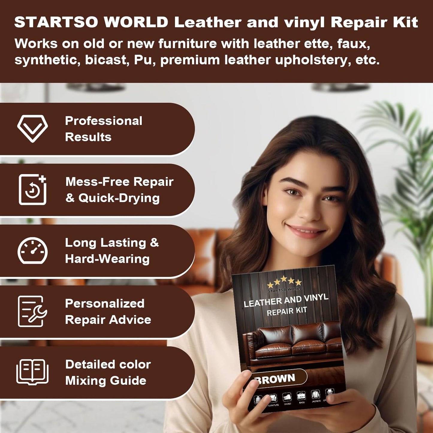 STARTSO WORLD Brown Leather & Vinyl Repair Kit for Furniture, Couches, Car Seats, Sofas, Boat Seats, Jackets with Easy Instructions, Repair Scratches, Tears, and Holes in Pleather, Genuine Leather