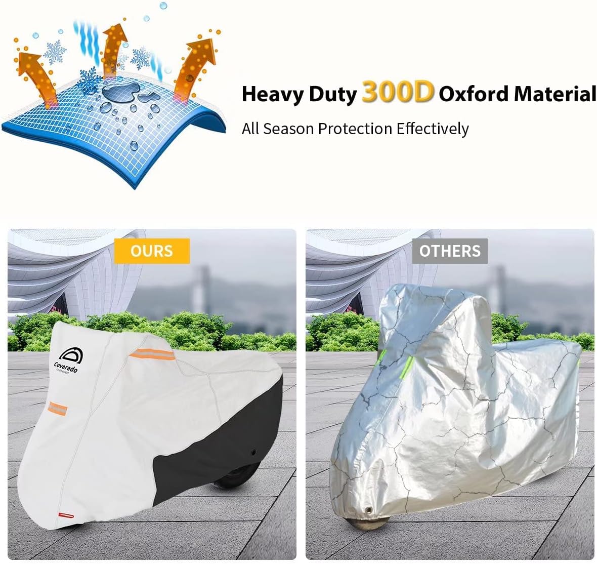 Coverado Motorcycle Cover Waterproof, All Weather Protection Outdoor Full Motorcycle Covers - UV Proof with Flame Retardant Fabric Fit for Harley Davidsion Yamaha Honda Suzuki (up to 93" Motors)