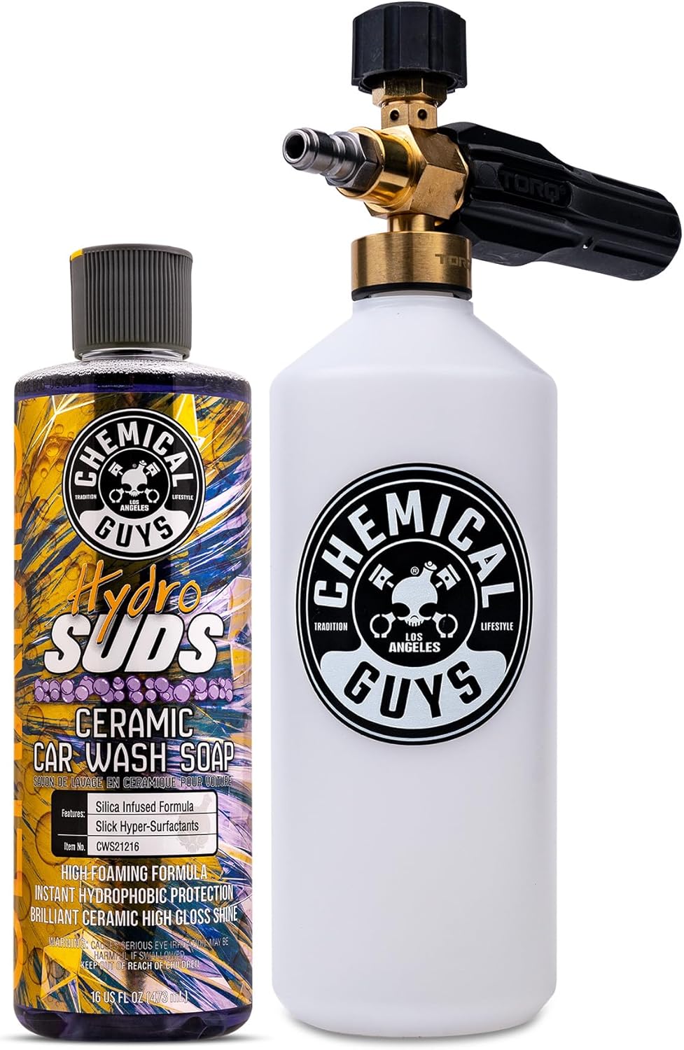 Chemical Guys EQP368 TORQ Professional Snow Foam Cannon Car Wash Snow Foamer + HydroSuds Ceramic SiO2 Foaming Car Wash Soap 16 fl oz (Safe for Cars, Trucks, & More) Works With Pressure Washer