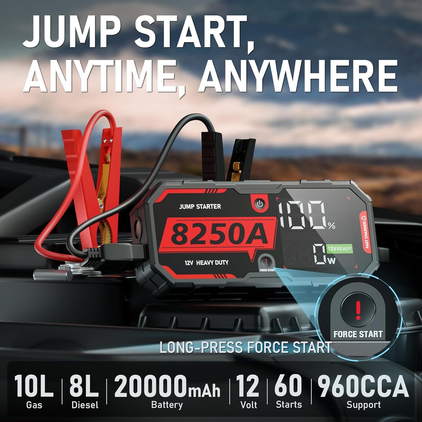 8250A Jump Starter, ATGFOX 12V Lithium Battery Booster Pack (Up to 10.0L Gas/8.0L Diesel Engines), Portable Jump Box, Car Jumper Starter w/Quick Charge, 2 USB-C Power Bank, 48-Month Standby 960CCA