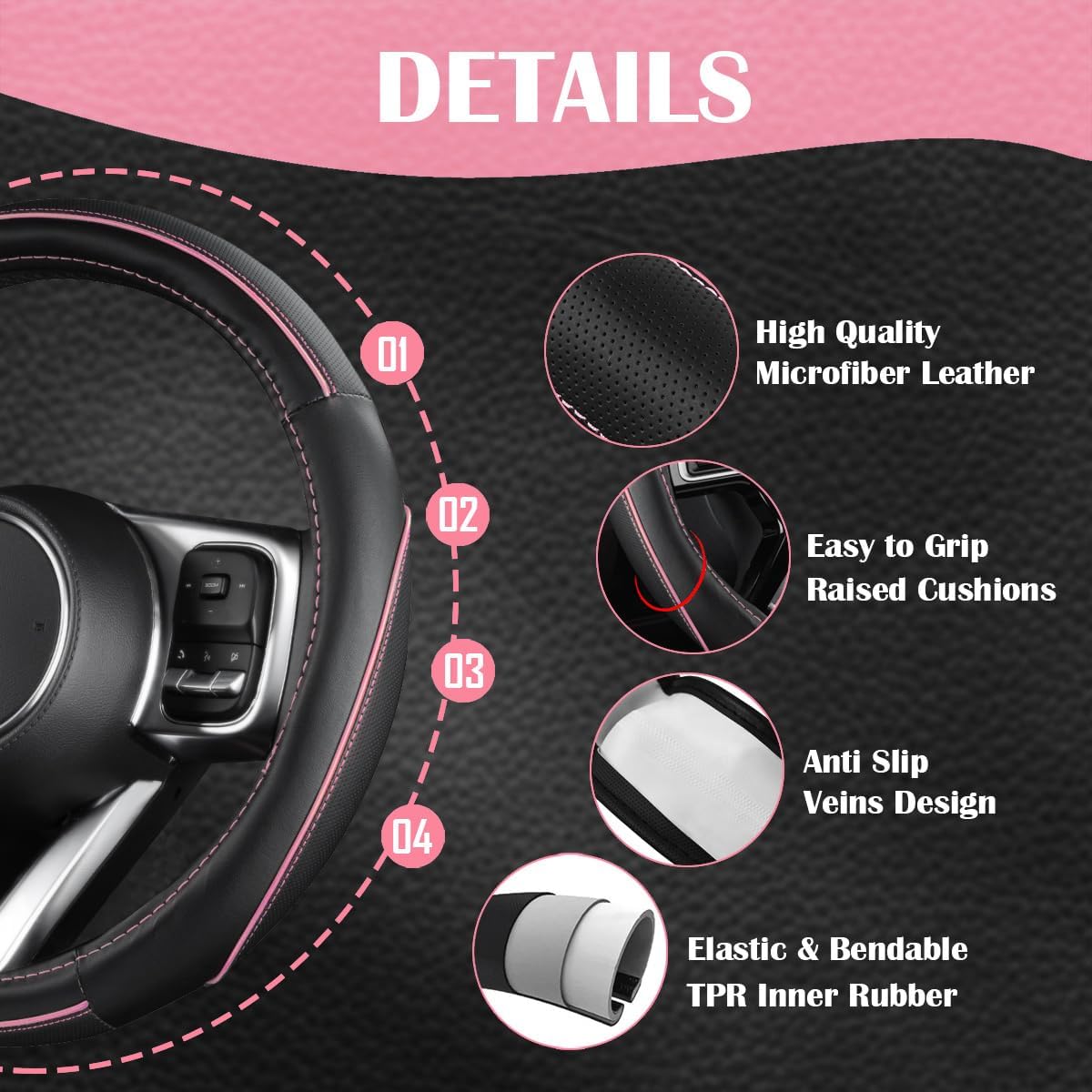 CAR PASS Car Seat Covers Full Set for Women Girls with Waterproof Car Floor Mats,Anti-Slip Leather Steering Wheel Cover,Universal Fit for SUVs,Vans,Trucks,Sedans,Cars (Combo Set,Black & Pink)