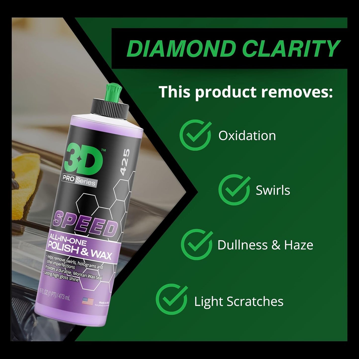 3D Speed All-In-One Polish & Wax – Scratch & Swirl Remover, Clear Coat Safe Paint Sealant – High Gloss Finish, Easy Application – 16oz – Made in USA