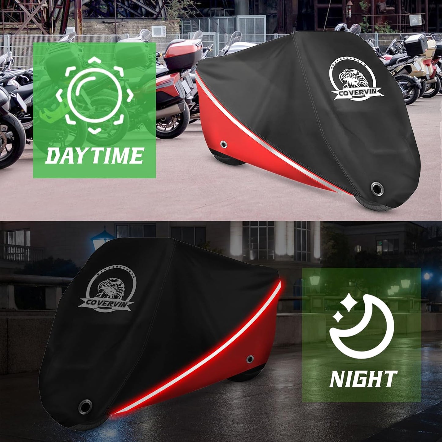 COVERVIN Motorcycle Cover, All Weather Outdoor Waterproof Night Protection with Reflective Strips, Locking Holes and Storage Bag for 91 Inch Suzuki, Kawasaki, Honda, Harley-Davidson(Red L)
