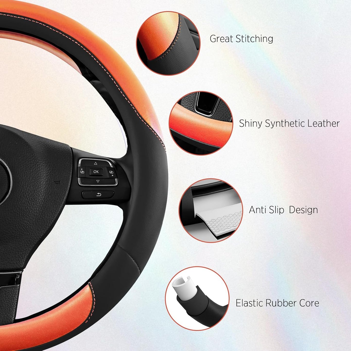 Road Comforts Steering Wheel Cover – Breathable Leather Steering Wheel Cover, Anti-Slip Grip, Universal Fit 14.5” to 15”, Heat & Cold Resistant for Cars, SUVs, and Trucks – Black & Orange