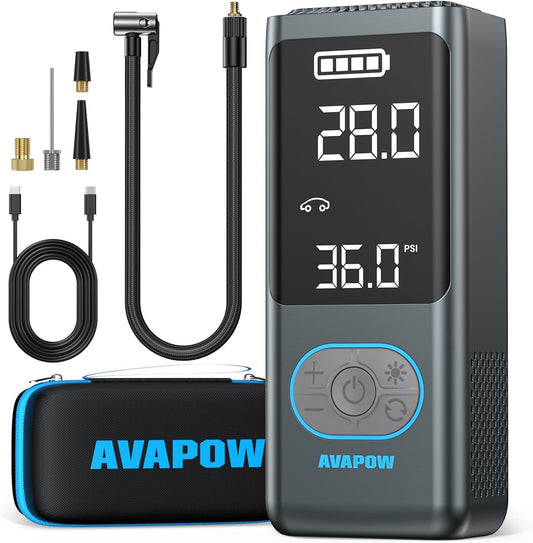 AVAPOW AP18 Tire Inflator Portable Air Compressor, 300% Faster 150 PSI Cordless Air Pump with Tire Pressure Gauge, 3.7″ Dual LCD Screen, Auto-Shuts Off Tire Pump for Car, Motorcycle, Bicycle, Blue