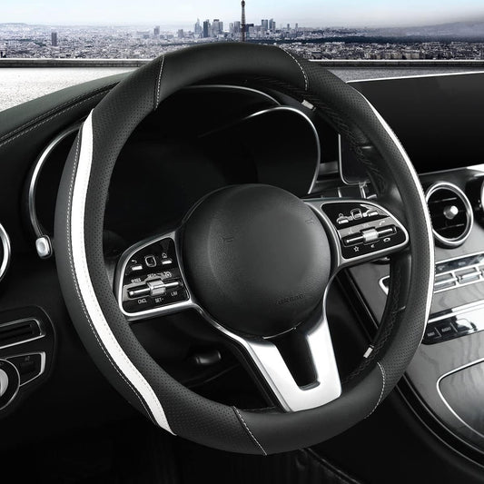 Car Steering Wheel Cover, Leather Steering Wheel Cover White Universal 14.5-15 Inch Microfiber Leather Anti-Slip Breathable Auto Steering Wheel Covers for Men Women(Black & White)