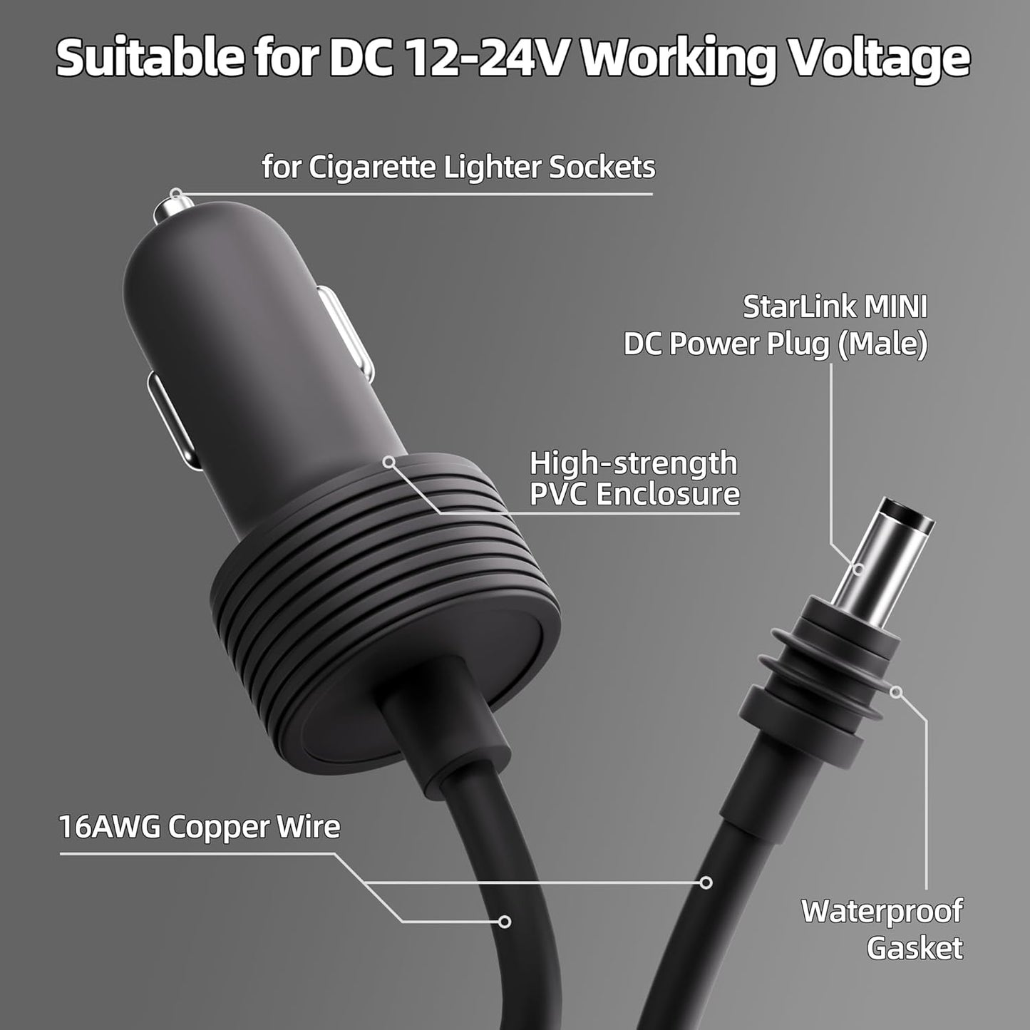 Starlink Mini Power Cable 10FT/3M Cigarette Lighter Adapter, Car Charger 12V-24V DC Power Cord for Starlink Mini, Direct to Cigarette Lighter, DC Male to Lighter Plug for Vehicle Use