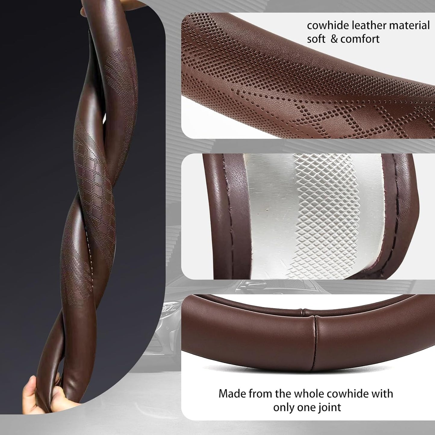 【2025 Model】 High-Grade Real Cowhide Steering Wheel Cover for Men Women，Brown Genuine Leather Steering Wheel Cover for Cars,Universal 14.5-15 inch Steering Wheels,Grid & Square Motif