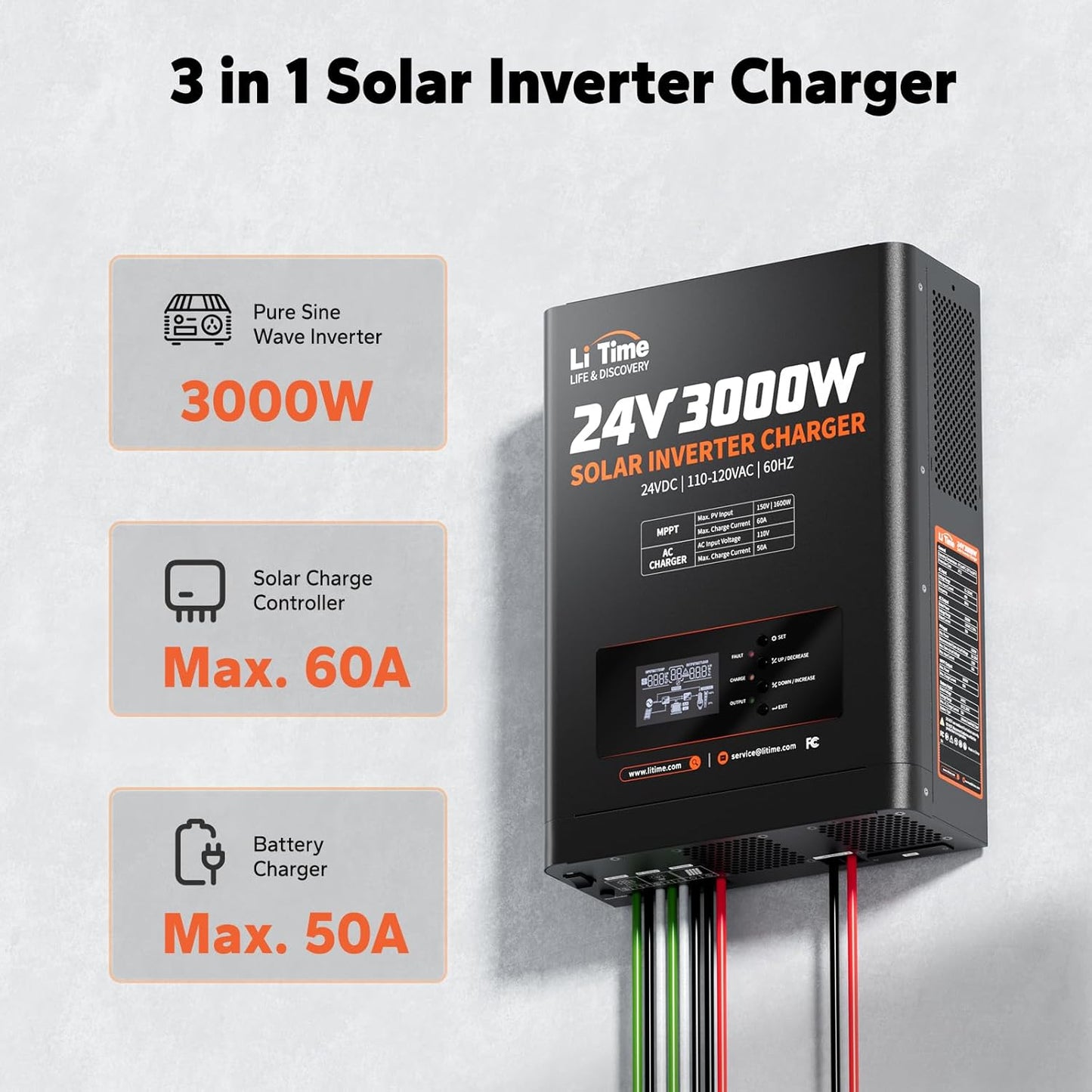 LiTime 24V 3000W All-in-One Solar Inverter Charger | 60A MPPT Solar Controller | Pure Sine Wave Output | Uninterrupted Power Supply | RS485 Communication | Home Energy Storage, Off-Grid Solar System