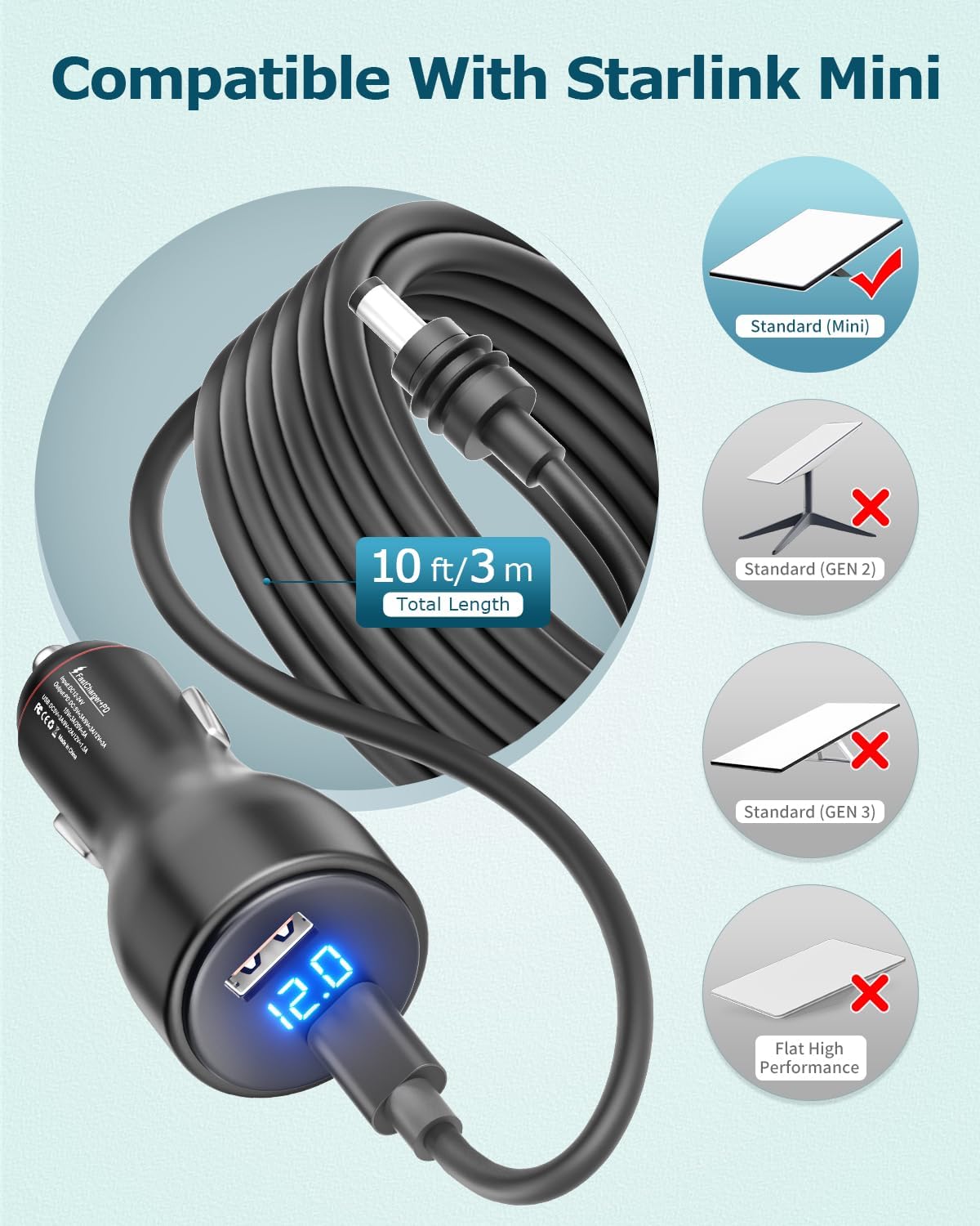3 in 1 Starlink Mini Cable Cigarette Lighter 10FT Car Adapter for Starlink Mini USB C to DC Power Cable and Car Charger Smart Boost 12V to 20V/100W with Voltmeter USB C 100W/USB A 18W Port 18AWG 3M