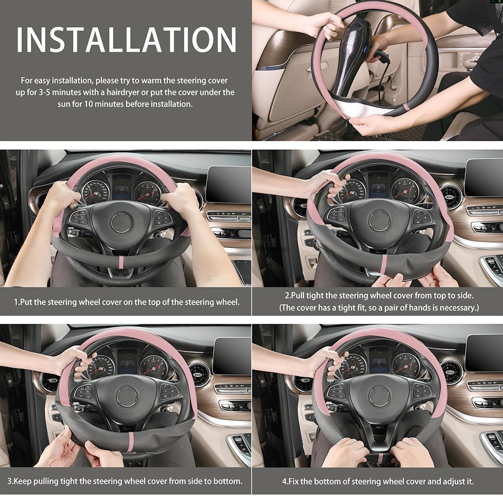 COFIT Breathable Car Steering Wheel Cover 16 inch Auto Universal Leather Wrap Non-Slip Steeringwheel Protector Automotive Interior Accessories, Pink (Suit for 15.5-16 inch)