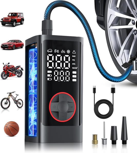 Tire Inflator Portable Air Compressor, 150PSI Cordless Air Pump for Car Tires, Electric Bike Tire Pump with Pressure Gauge, Auto Shut Off, LED Light for Car Motorcycle Bicycle Ball