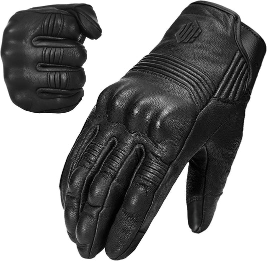 ILM Goatskin Leather Motorcycle Motorbike Powersports Racing Gloves Touchscreen for Men and Women Model DN01(S, Black Unperforated)
