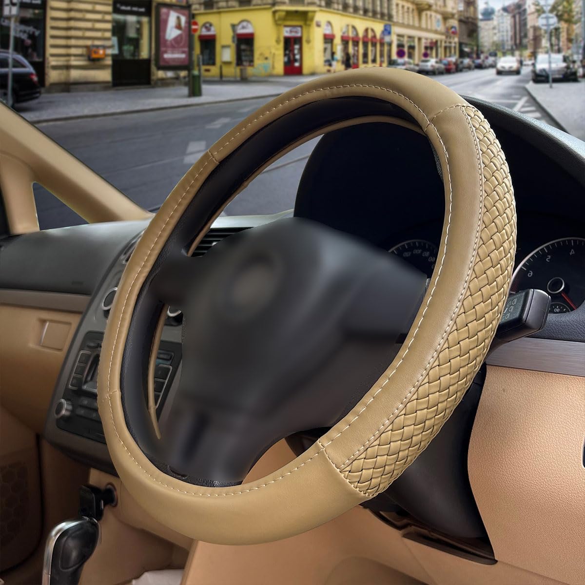 Flying Banner car Steering Wheel Cover Faux Leather Massage Universal fit 3D Honeycomb Hole Anti-Slip Sporty 15 Inches (Tan Tan)