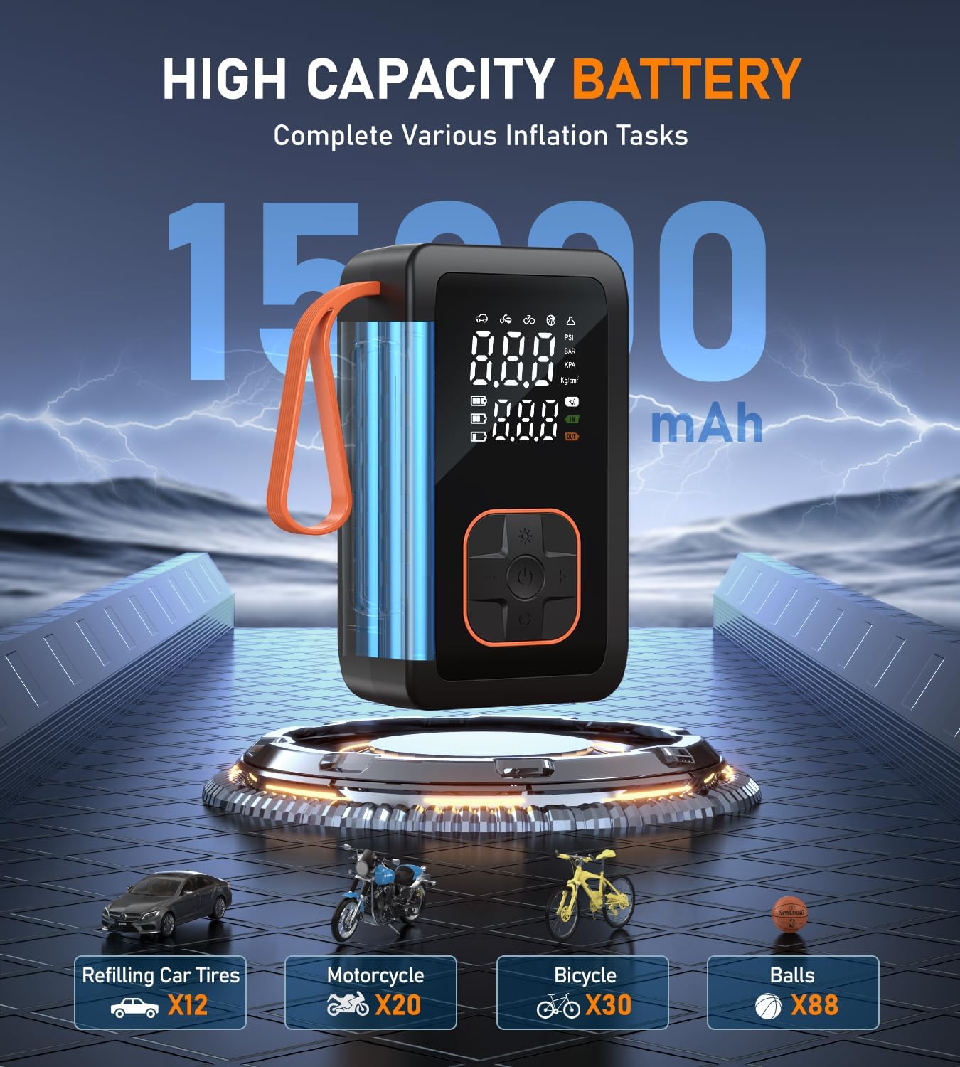 Tire Inflator Portable Air Compressor, 180PSI & 15000mAh Cordless Air Pump for Car Tires with Pressure Gauge, 3X Faster Tire Pump with Cigarette Lighter Plug for Car, Motorcycle, Bicycle, Ball(Black)