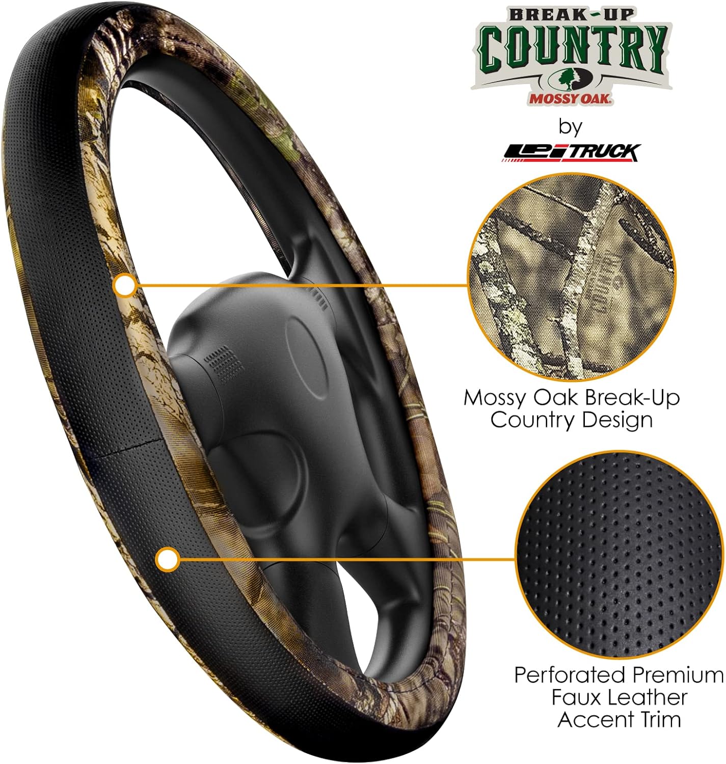 Mossy Oak Steering Wheel Cover by LPI Truck; Heavy Duty 600D Oxford Material with Mossy Oak Break-up Country Camoflauge Design; Fits All Large Trucks and SUVs with Steering Wheel Size 15.5" to 16"