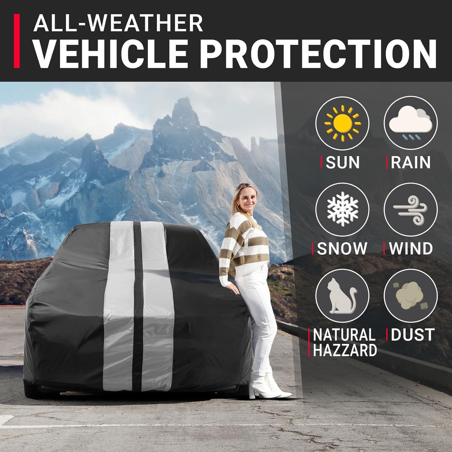 iCarCover Custom Car Cover for Pontiac Tempest 4-Door (1968-1970) Waterproof All-Weather Rain Snow UV Sun Protector Full Exterior Indoor Outdoor Car Cover (Stripe - Black/Gray)