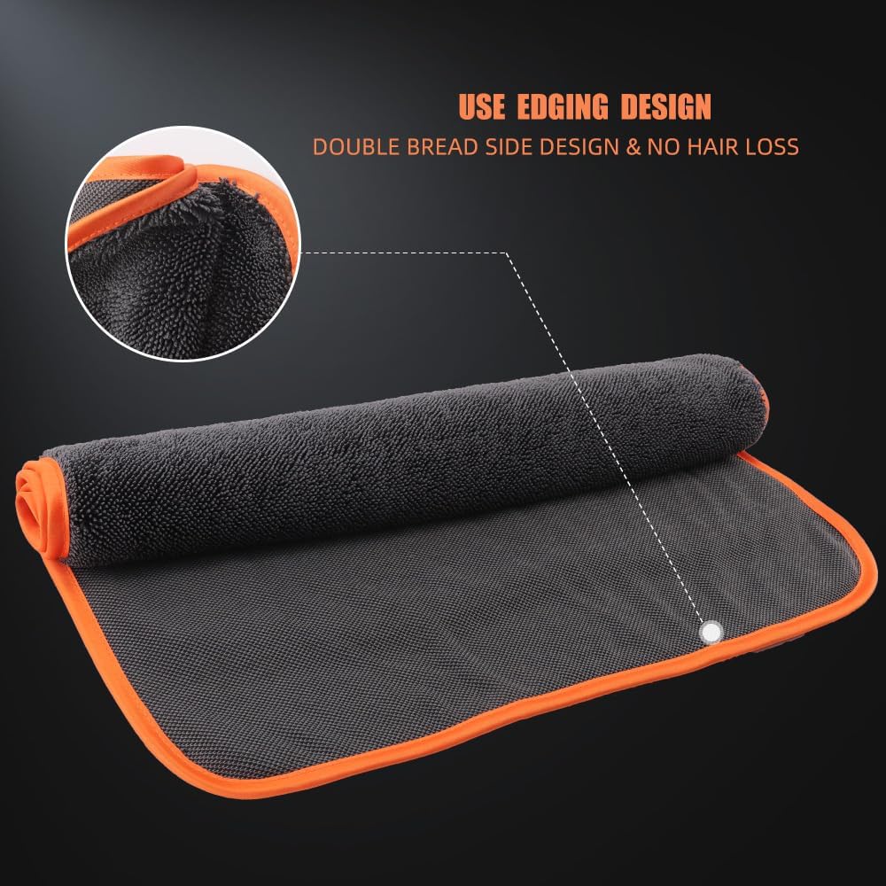 SPTA Microfiber Car Drying Towels, Cleaning Cloth Towels, Twist Pile Rapid Drying Orange Edge Car Microfiber Towels for Car Detailing, Pack of 3, 16.5 x 16.5 Inch, 600 GSM, Gray-MT040