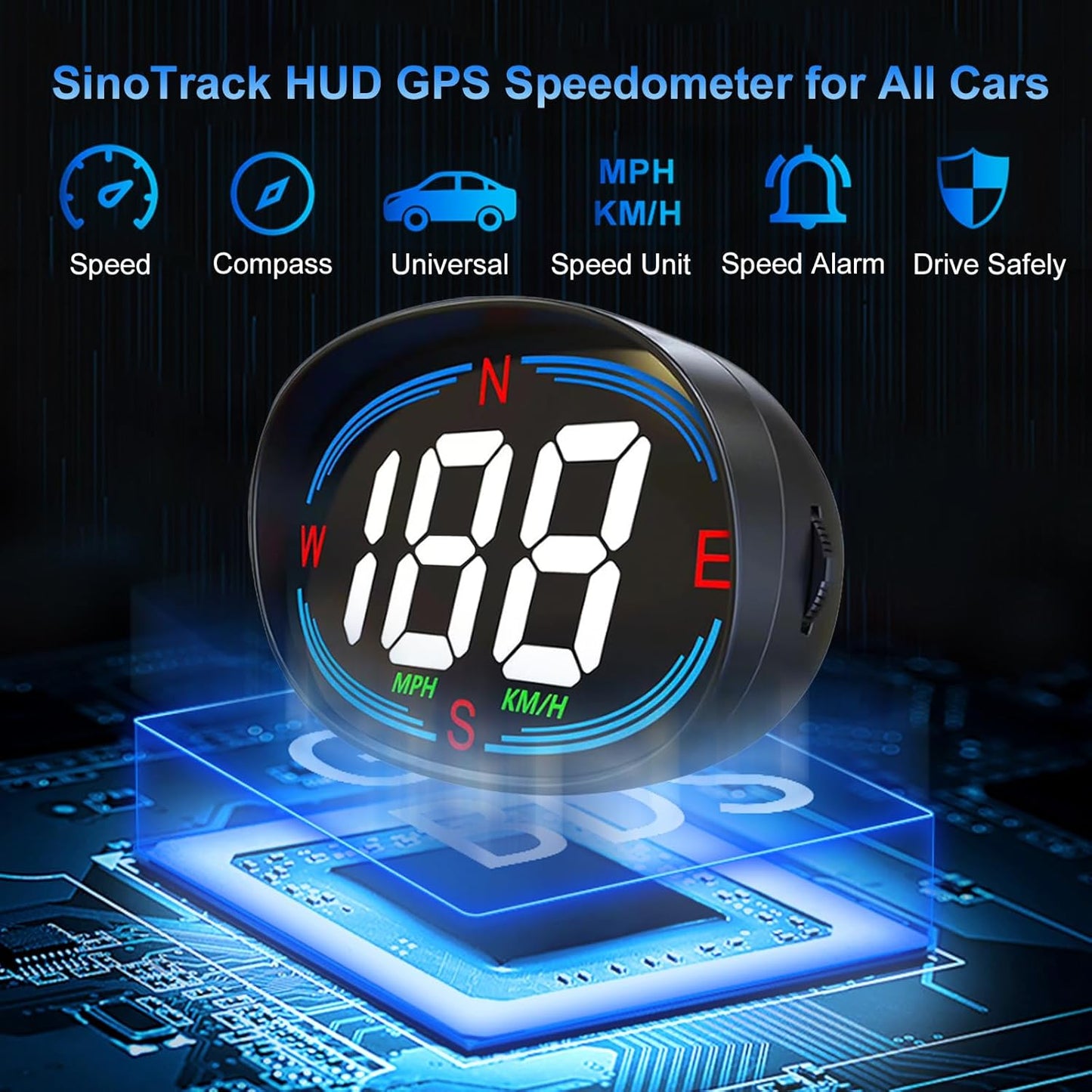 SinoTrack HUD GPS Speedometer Universal Car Heads-up Display 2.7inch MPH Speed Meter with Compass Over Speed Alarm for All Vehicle USB Connect Plug and Play