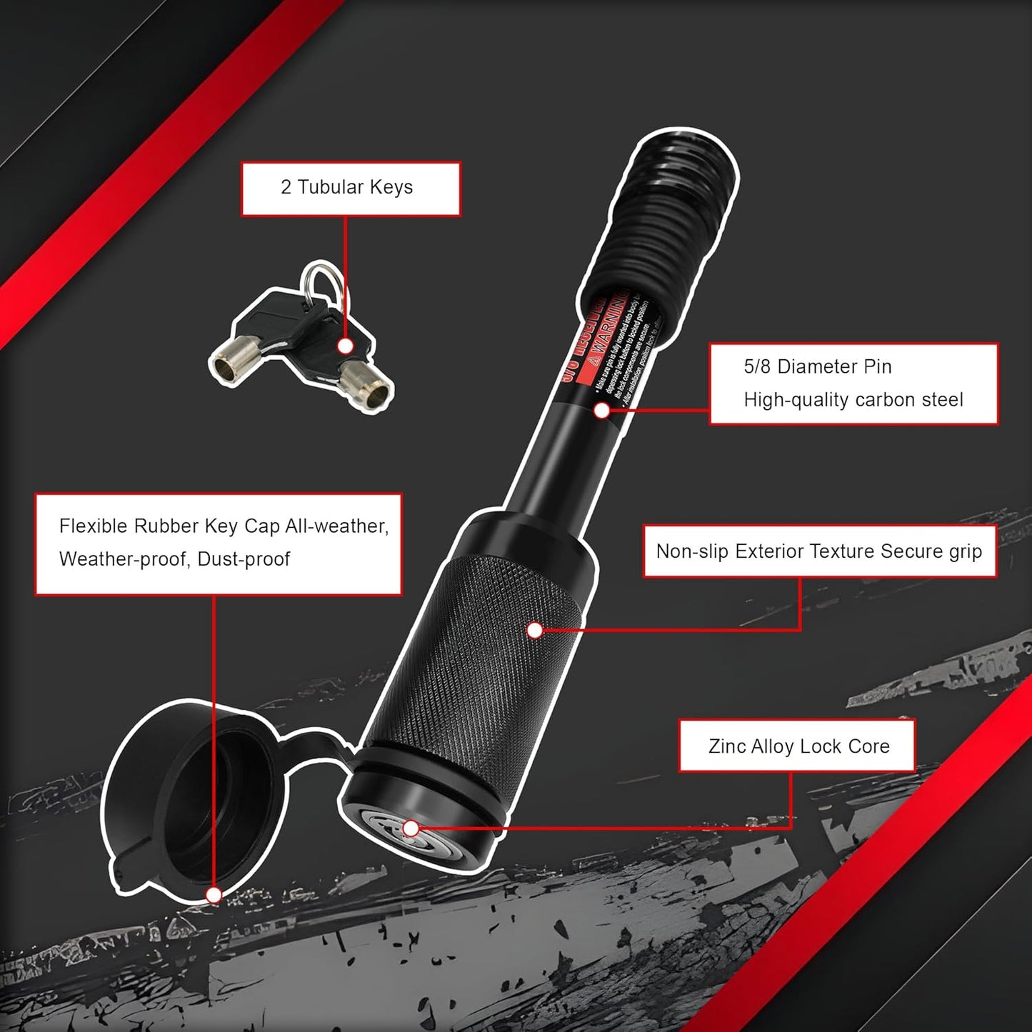 TYT Trailer Hitch Lock – 5/8" Dia, 3-1/2" Long Pin, Fits Class III/IV/V Hitches, 2 Keys, 8 O-Rings, Keyed Alike, Ideal for Tow Trucks, Bikes, Cars