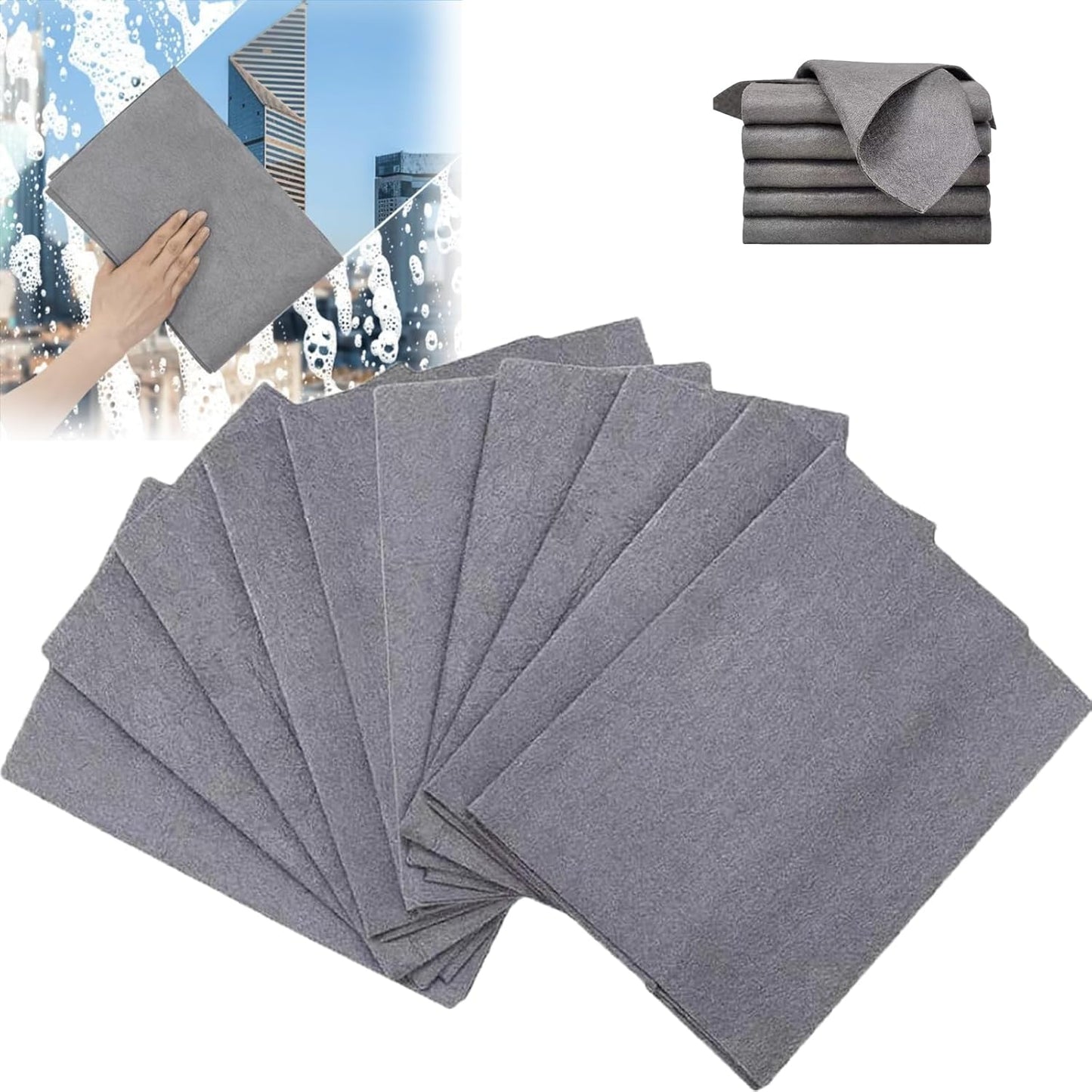 FETNHU Non-Woven - Super Absorbent 11.8" x 11.8" Lint-Free Cleaner, Reusable Thickened Magic Cleaning Cloth, Multipurpose Magic Cloths for Cleaning Glass, Cars, Kitchen, Window, Mirrors (10PCS-Gray)