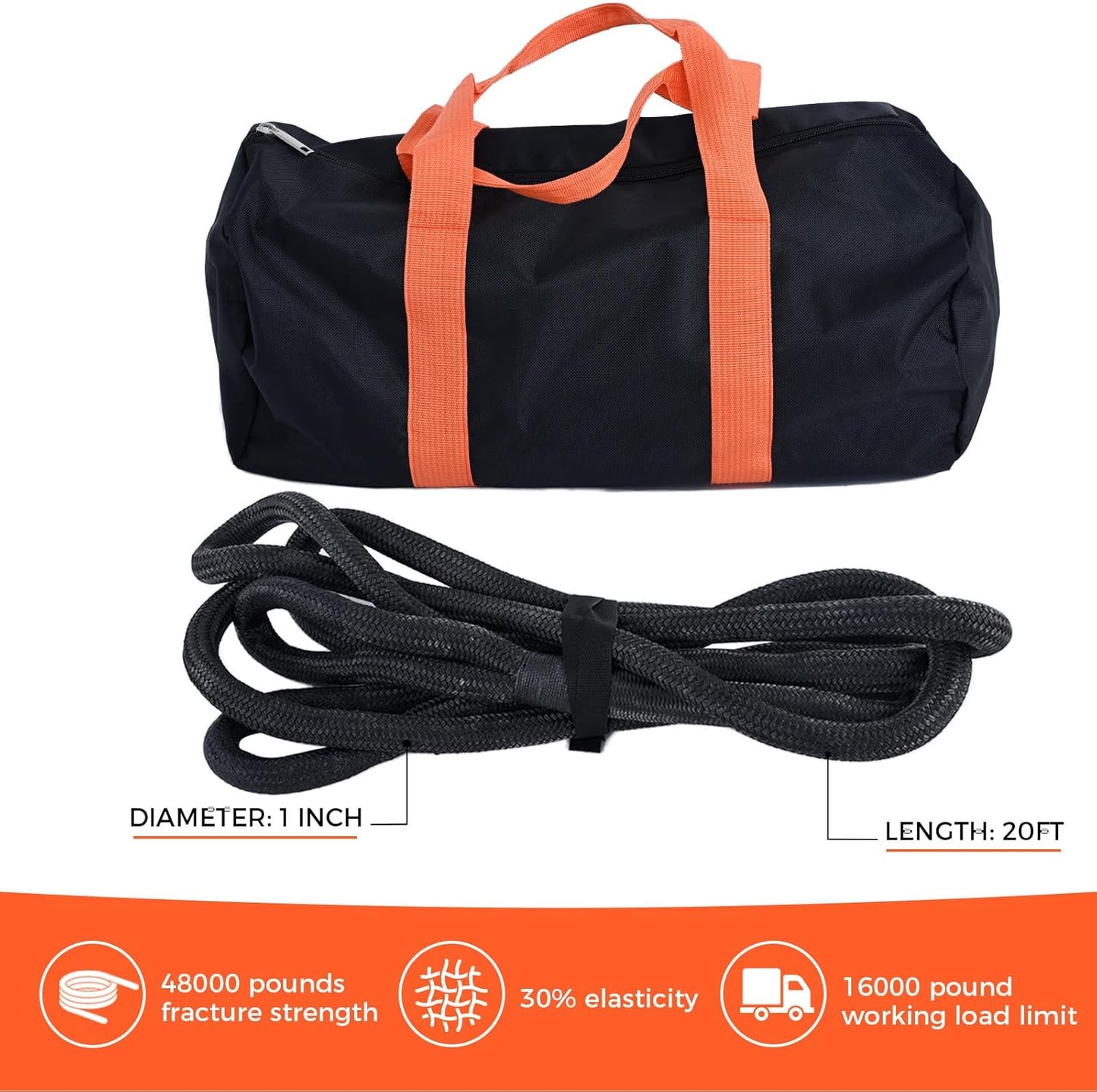 Kinetic Recovery Tow Rope, 48000LBS Snatch Strap with Soft Shackles, Extreme Duty 30% Elasticity Energy Offroad Towing Straps Kit for Car Jeep Trucks SUV UTV ATV Tractor - 1" x 20ft, Black