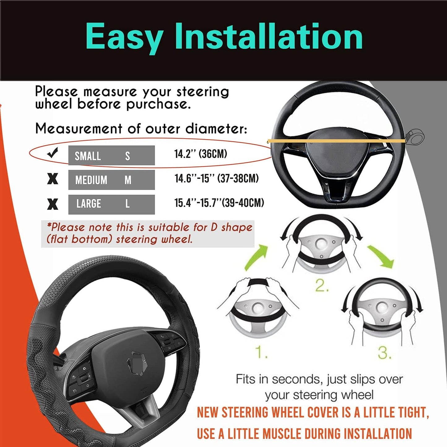 PINCTROT D Shaped 14 Inch Small Sized Steering Wheel Cover Great Grip with 3D Honeycomb Anti-Slip Design, Flat Bottom 14 Inch (All Black)